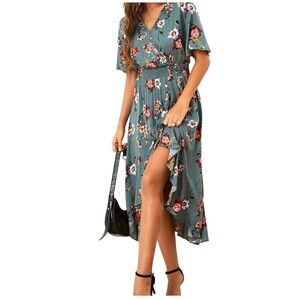 New KorMei Women M Maxi Dress Blue V Neck Short Sleeve Floral High Low Flowy R